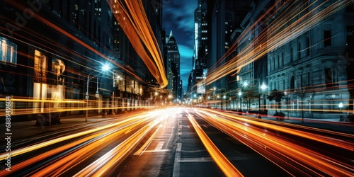 Exposure shot expertly captures the dynamic motion of cars streaking through the bustling city streets under the veil of night.