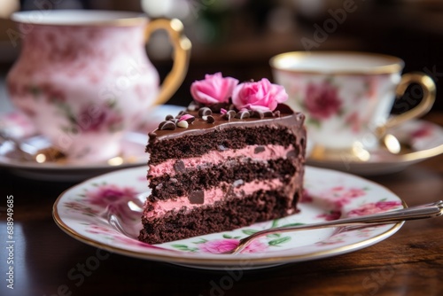 A slice of chocolate cake with roses served on a vintage saucer and dish © Denis