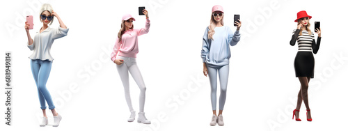 3d fashion girl taking selfie on mobile phone isolated on white background. Generative AI.