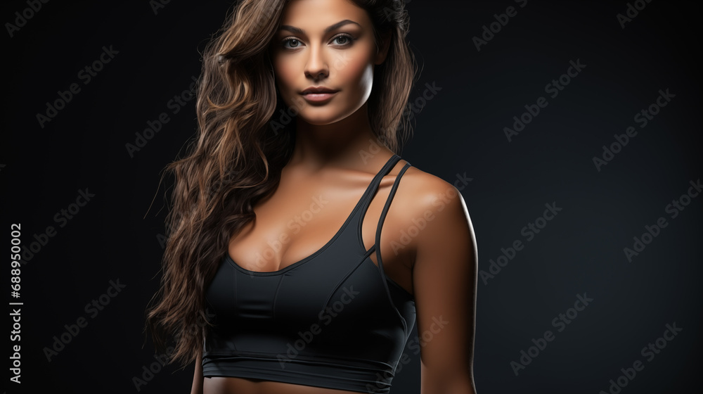 Fototapeta premium Sporty beautiful woman with long hair closeup on dark background. Banner for fitness and sports. Generative AI.