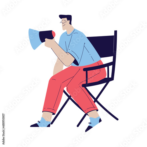 Cinema with Man Character Sit in Director Chair with Megaphone Engaged in Movie Shooting Vector Illustration