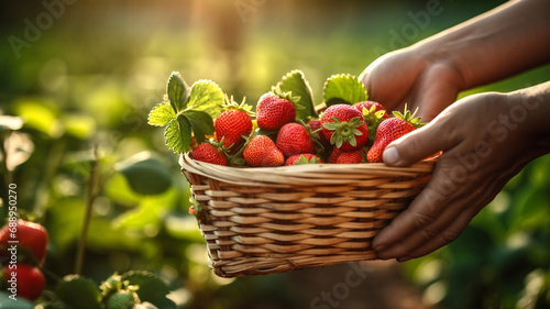 The picture of the hands of the gardener picking up the strawberries on the strawberry farm and putting them in the small basket. 
