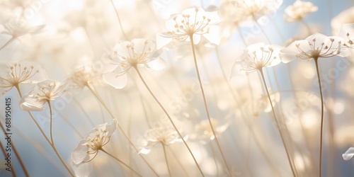 Delicate Dried White Flowers in Soft Macro Light #688950415