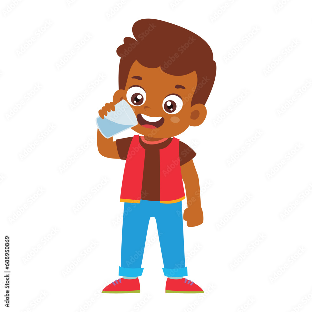 Little Kid drinking water. Little Girl standing enjoy drinking beverage. Children quenching thirst Activity Isolated Element Objects. Flat Style Icon Vector Illustration