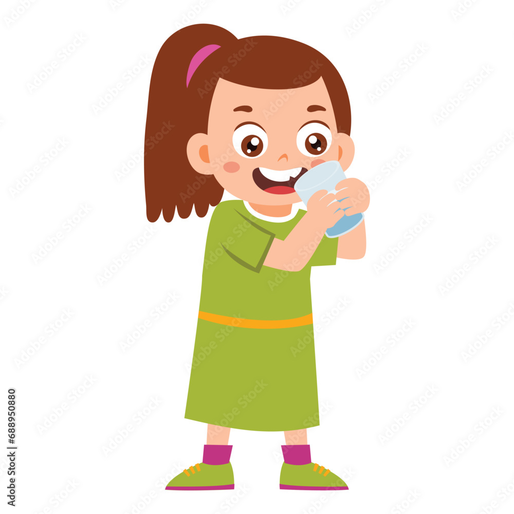 Little Kid drinking water. Little Girl standing enjoy drinking beverage. Children quenching thirst Activity Isolated Element Objects. Flat Style Icon Vector Illustration