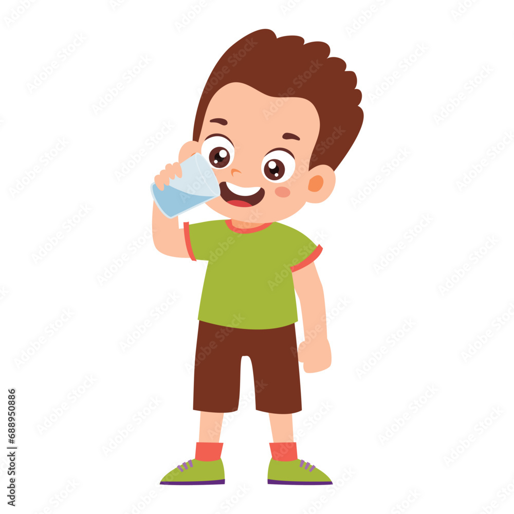 Little Kid drinking water. Little Boy standing enjoy drinking beverage. Children quenching thirst Activity Isolated Element Objects. Flat Style Icon Vector Illustration