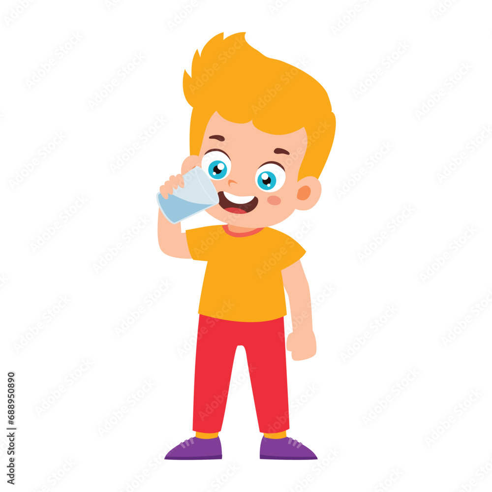 Little Kid drinking water. Little Boy standing enjoy drinking beverage. Children quenching thirst Activity Isolated Element Objects. Flat Style Icon Vector Illustration