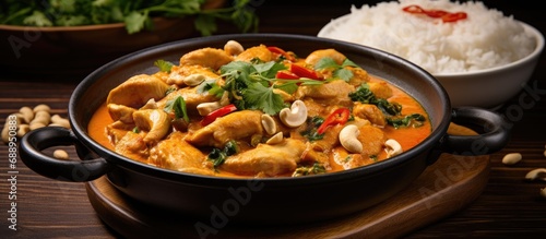 Thai chicken curry with cashews, herbs, and white rice.