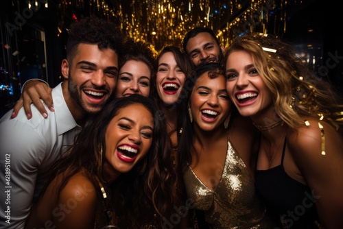 A cheerful group of friends enjoy new year party at nightclub People are drinking, dancing and having a good time at the party comeliness.