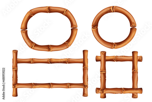 Set Bamboo frames from sticks and rope in cartoon style, borders isolated on white background. Tribal panel, game menu.