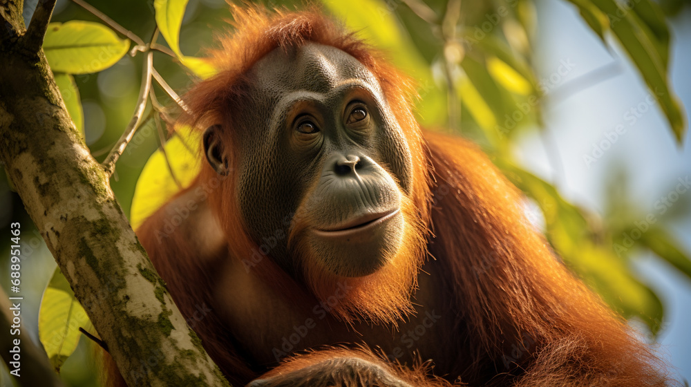 Obraz premium An orangutan watching the world go by. AI Generative.