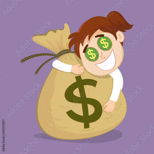 funny greedy businesswoman with dollar eyes hugging money bag.Dollar eyes greedy man concept. illustration vector cartoon.