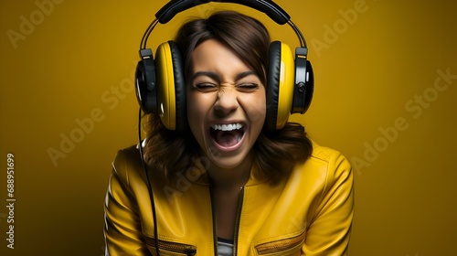 happy woman in headphones screams, yellow color