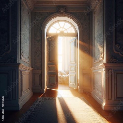 door slightly ajar  revealing a glimpse of a sunlit