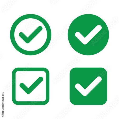 green check mark icon set. round and square tick symbol / button, transparent vector illustration