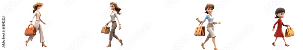 Obraz premium 3d cartoon woman walking with handbag 3d rendring isolated on white background. Generative AI.