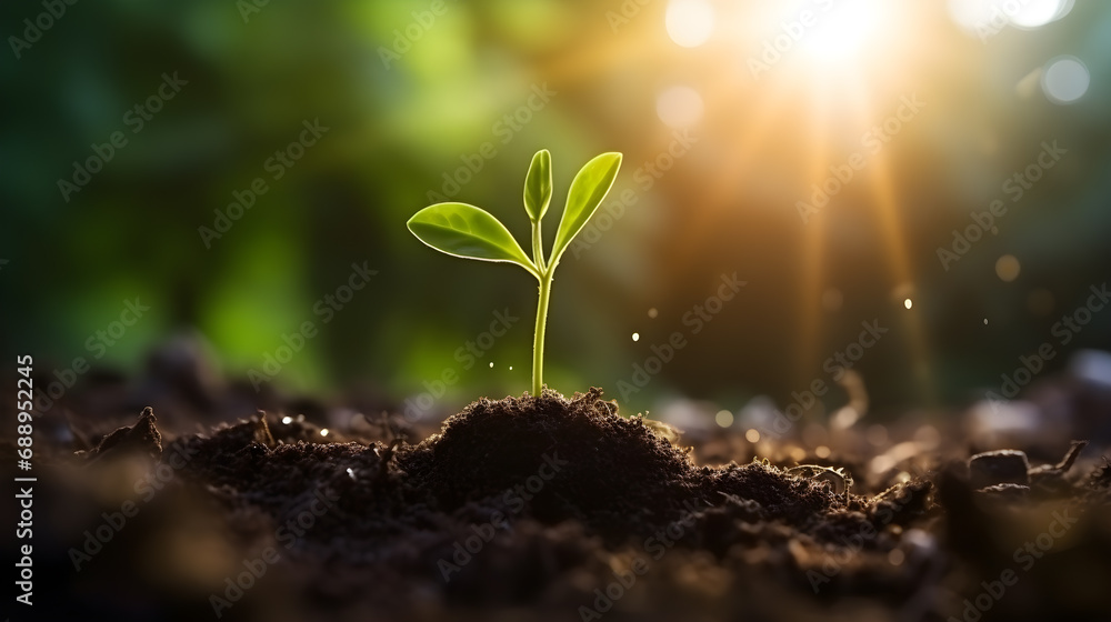 Seedling are growing from the rich soil with morning light. Development, Green business, finance and saving money for sustainability investment. - obrazy, fototapety, plakaty 