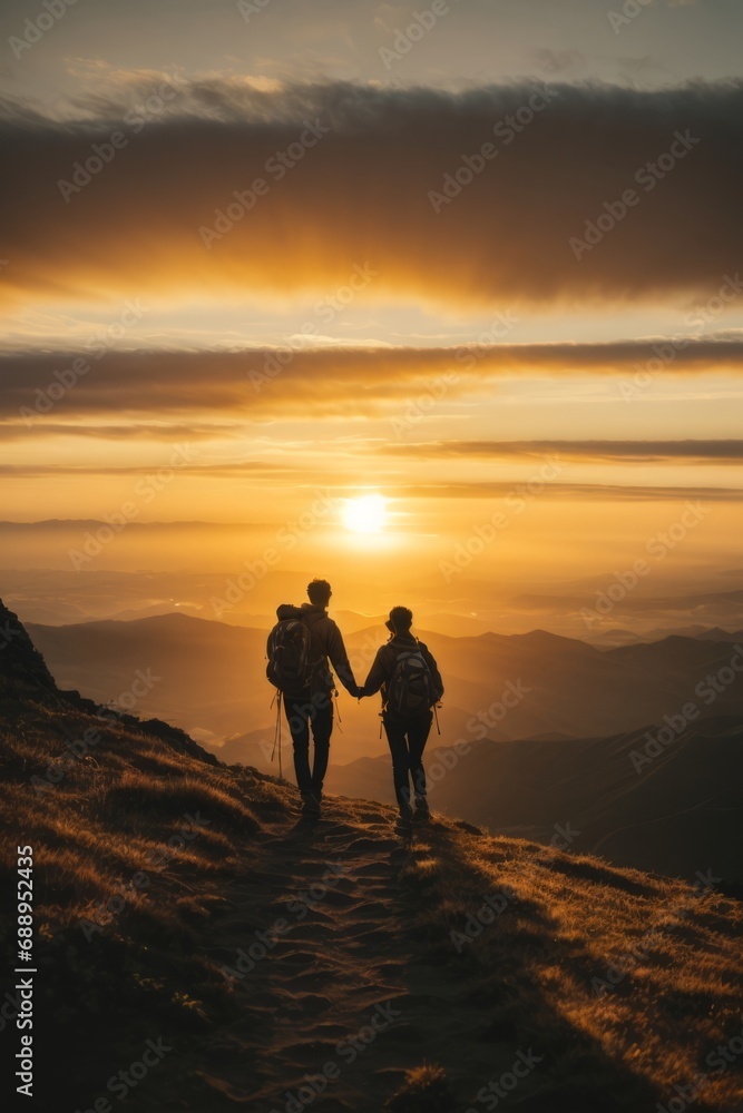 Silhouettes of a couple at sunset on a mountaintop against the background of sky and sun. Hiking, travel, love, nature concepts.