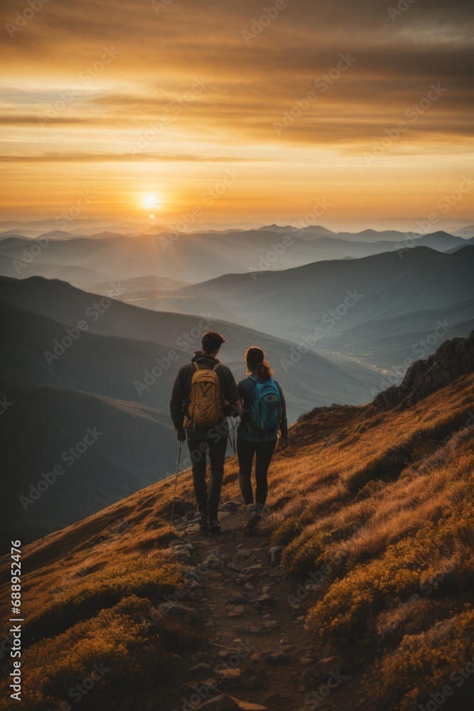 A local couple, a man and a woman travel, go hiking in the mountains at sunset. Hiking, love, wildlife concepts.