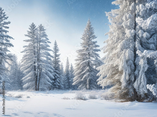 Frosty winter landscape in snowy forest. Christmas background with fir trees and blurred background of winter © Muhammad