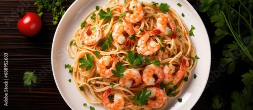 Top view of shrimp linguine pasta with parsley on a plate, taken from above. photo