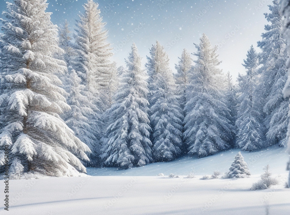 Frosty winter landscape in snowy forest. Christmas background with fir trees and blurred background of winter