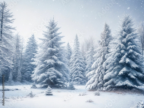 Frosty winter landscape in snowy forest. Christmas background with fir trees and blurred background of winter © Muhammad