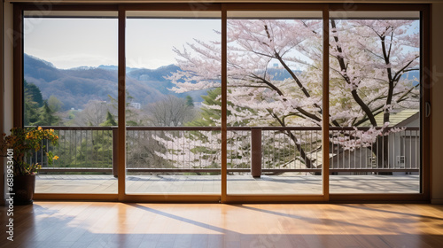 Empty Japanese room with wooden flooring, sakura flowers spring blossom view from the window in Japan