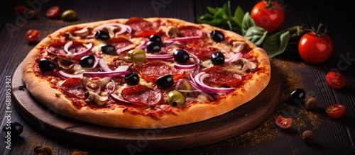 Pizza with pepperoni, onions, mozzarella, and olives. Top food photo.