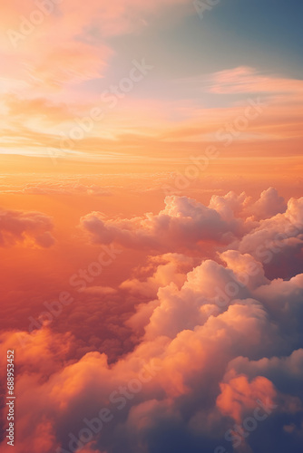 Beautiful vertical background photography of clouds in the sky, rich orange colour grade, middle parting of the clouds to reveal the sky