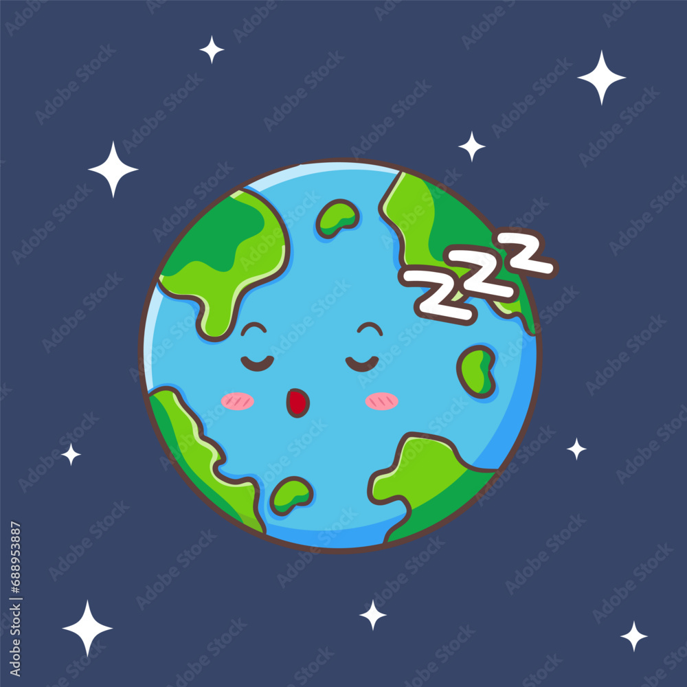 Cute earth sleeping cartoon. Earth hour concept design. Isolated white background. Globe flat vector illustration.