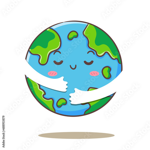 Cute earth hug cartoon. Save the planet concept design. Isolated white background. Globe flat vector illustration.