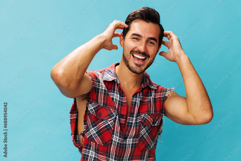 Shirt man arm happy attractive guy background blue travel confident plaid trendy smile friendly crossed isolated Shirt man arm happy attractive guy background blue travel confident plaid trendy smile friendly crossed isolated