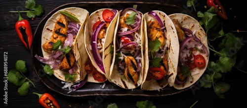 Top view of Mexican chicken tacos with grilled vegetables and red onion.