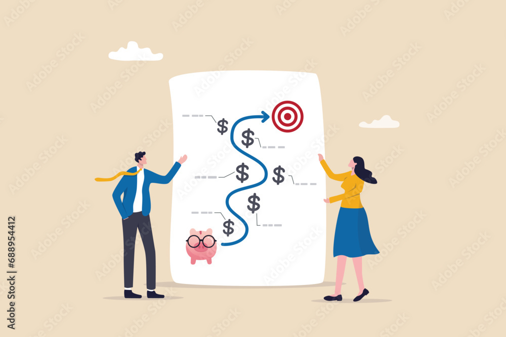 Financial planning, investment growth strategy or money management for retirement goal, budget or expense analysis to reach financial goal, people planning with piggy bank strategy to reach target.