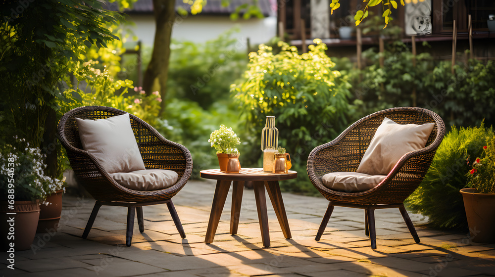 Obraz premium Outdoor Rattan Chairs and Tables, Outdoor Relaxation Area