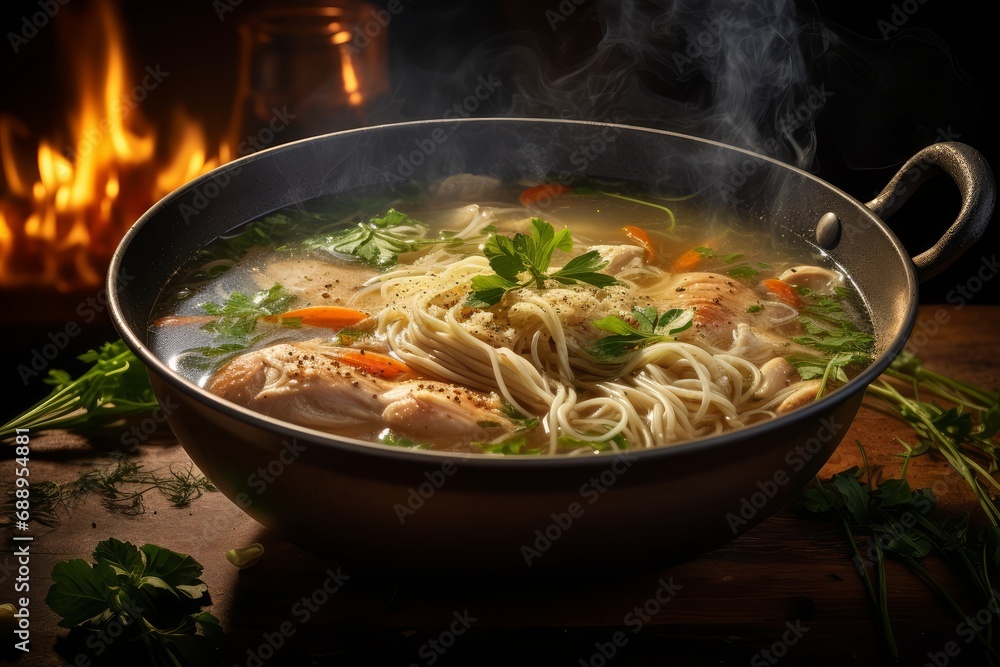 Photo of a rustic and hearty bowl of homemade chicken noodle soup with aromatic steam rising.
