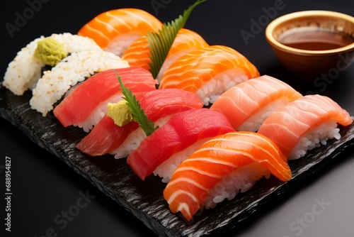 Photo of a platter of sushi nigiri with fresh fish slices and perfectly formed rice. Generative AI