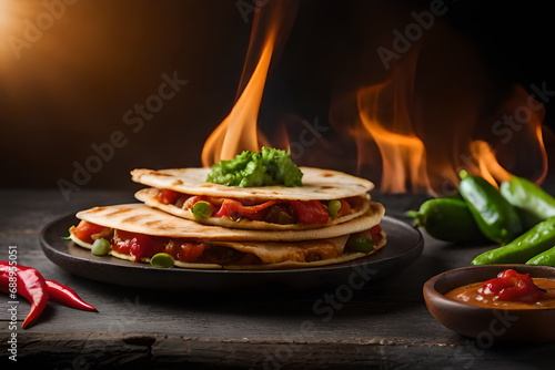 Traditional spicy Mexican quesadilla with vegetables and chili on wooden surface and flames in the background