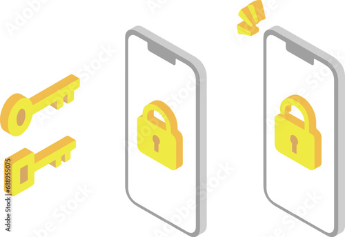 カギでロックされたスマートフォンのアイソメトリックイラスト2