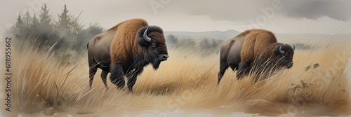 Watercolor painting of bison in the grass photo