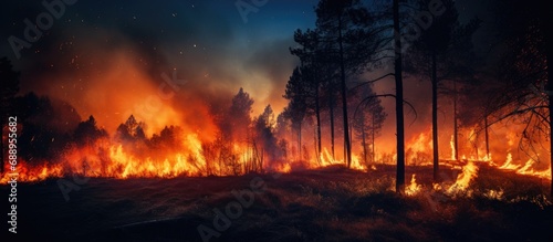 Nighttime view of forest fire, wildfire following dry summer, nature ablaze.