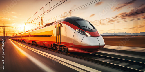 A high-speed train blurring past on tracks at sunset.
