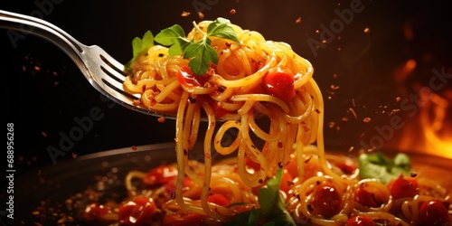 A fork twirling steaming spaghetti with bright red sauce and fresh basil.