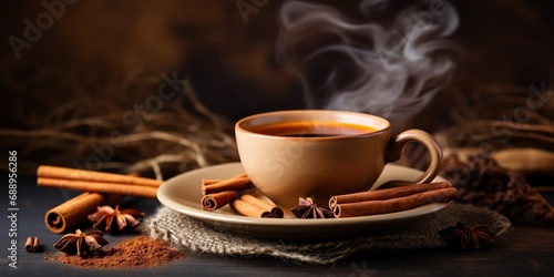 A cozy cup of cinnamon tea with cinnamon sticks and powder beside it.