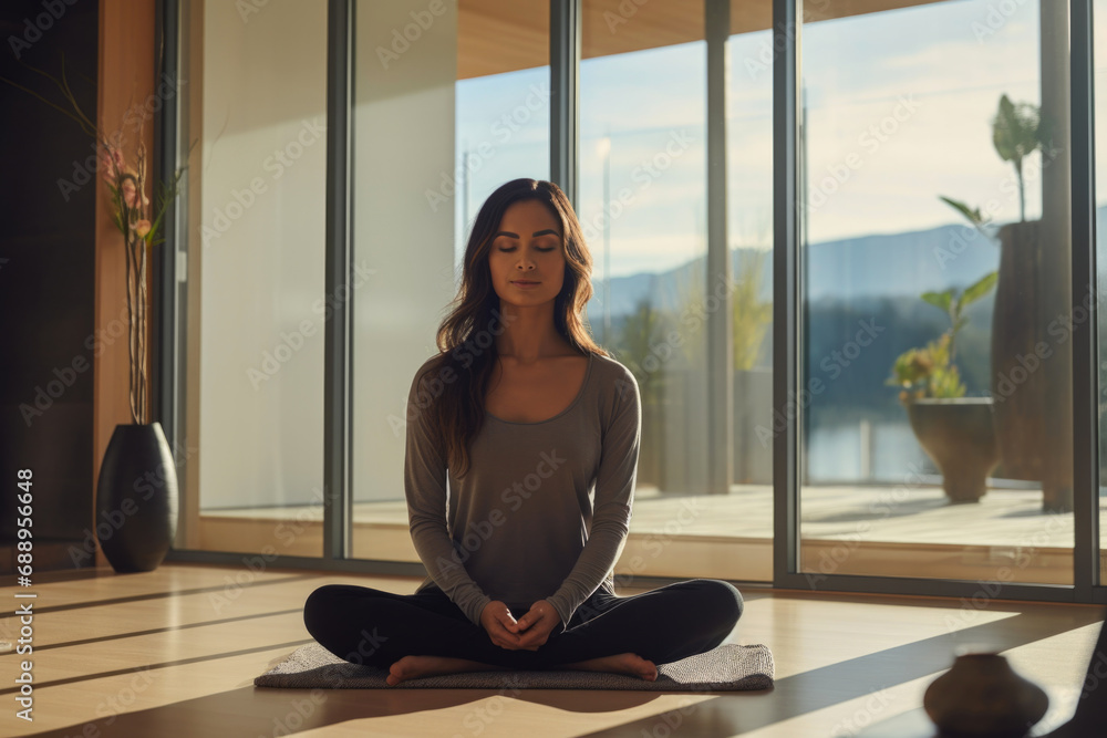 Young woman, sitting in Yoga position on floor, doing meditation in the morning Young woman, sitting in Yoga position on floor, doing meditation in the morning