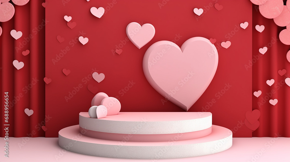 Circular stage podium for Valentine's decorated with Hearts and blank space in red background