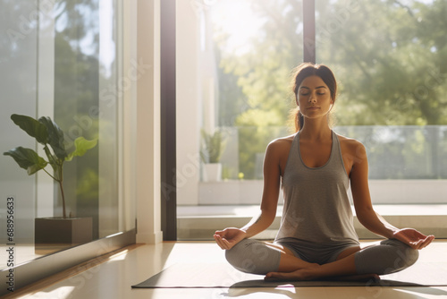 Young woman, sitting in Yoga position on floor, doing meditation in the morning