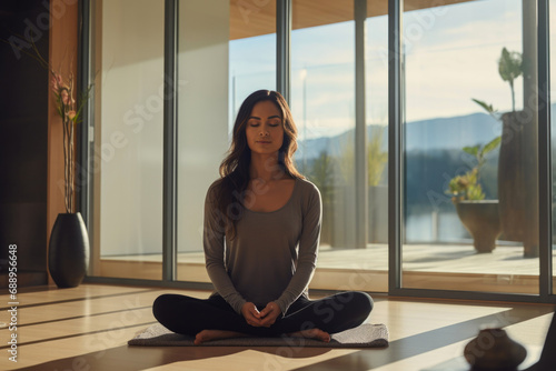 Young woman, sitting in Yoga position on floor, doing meditation in the morning