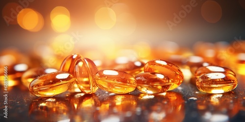 Capsules on a glittering gold backdrop, casting light and shadows.